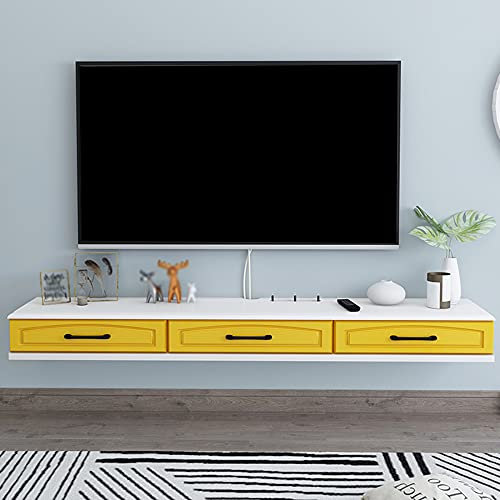 ASerZenith Schwimmender TV-Ständer, hängender TV-Schrank, wandmontiertes Set-Top-Box-Rack, Schlafzimmer-TV-Schrank mit Schublade und Drahtloch, geeignet für Stopprojektor-Router (gelb, 150 cm)
