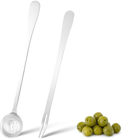 Prasacco Oliven-Picker, Servierlöffel und Gabel mit Ablaufloch und langem Griff, Lebensmittelpicker für Gurken, Zwiebeln, Gurken, Rucola, 2 Stück