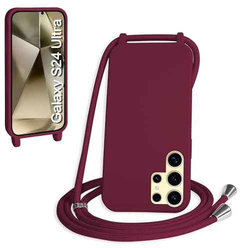 WenBaby Coque avec Cordon pour Samsung Galaxy S24 Ultra,Collier pour Étui bandoulière Colliers de cellulaire Mince Antichoc Réglable Lanyard Silicone Case,Rouge