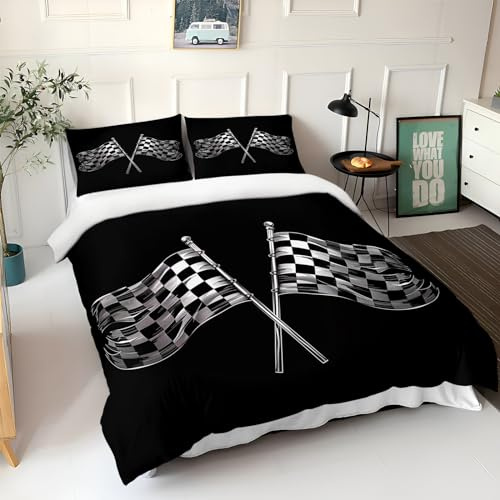 Double Duvet Cover Sets F1 Motorsport Flag Black Quilt Cover Brushed Microfibre Soft Cosy 3 Pcs Bedding Set Easy Care, Duvet Covers Anti Allergic With Zipper Closure Pillowcase