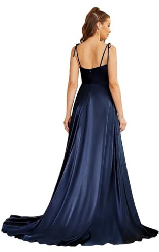 Misshow Robe de Soirée Demoiselle d'honneur Longue Maxi avec traîne en Satin Evasée pour Cocktail Mariage Bleu Marine L