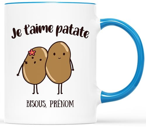 𝗖𝗔𝗗𝗘𝗔𝗨 𝗣𝗟𝗨𝗦 Mug Personnalisé Prénom - Je T'aime Patate - Tasse à Cafe 325 ml - Cadeau Couple Personnalisé, Tasse Personnalisée Saint Valentin, Mug Personnalisé Saint Valentin (Ciel-Bleu)