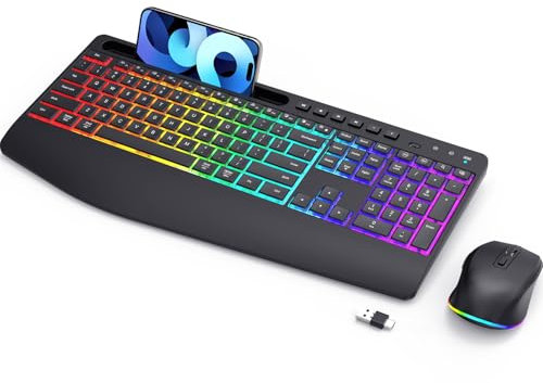Wireless Keyboard and Mouse Combo - Dual System RGB Backlit Mouse and Keyboard,2.4G Rechargeable,Full-Sized Ergonomic Silent Design with Phone Holder for Windows Mac PC Laptop (Black-V1)