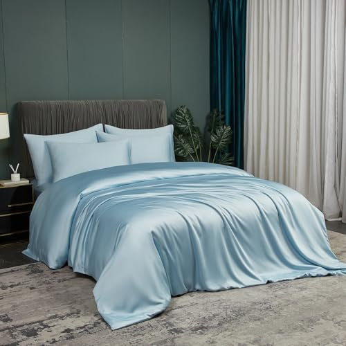 Luowei Bettwäsche 135 x 200 cm Sommer Bambusfaser Blau Seidig Kühlung Bettwäsche Set aus Bambus Polyester Atmungsaktiv Hautfreundlich Komfort mit Reißverschluss und 1 Kissenbezug 80x80cm