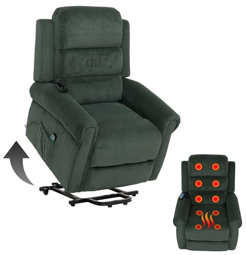 Mendler Fernsehsessel HWC-K63, Relaxsessel, Liegefunktion Aufstehhilfe Massage Heizfunktion, Stoff (220g/m²) Cord - grün