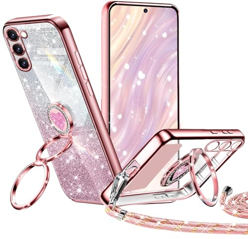 Tawarror Coque Glitter pour Samsung Galaxy S23 5G avec Cordon, Silicone TPU Étui en Galvanisé pour Samsung S23 avec Double Anneau Support, Réglable Lanyard Pailleté Antichoc Motif Coeur Etui, r Rose