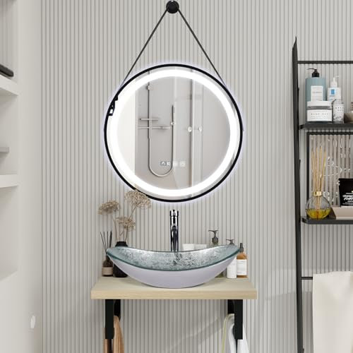 YU YUSING Badmöbel Set Unterschrank 60 cm mit Glaswaschbecken, Badezimmermöbel Set mit Waschtisch LED Spiegel Badspiegel, Anti-Beschlag, Badezimmerschrank Waschplätze für Gäste WC(Oval Silber)
