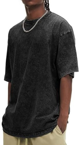 Acid Washed T Shirts Men Oversized T Shirts Adult Heavy Cotton Summer Short Sleeve Crewneck Tops Sport Tracksuits Baggy Plain Black Shirt for Men Plus Size Gym Wear Vintage Retro Unisex Tops