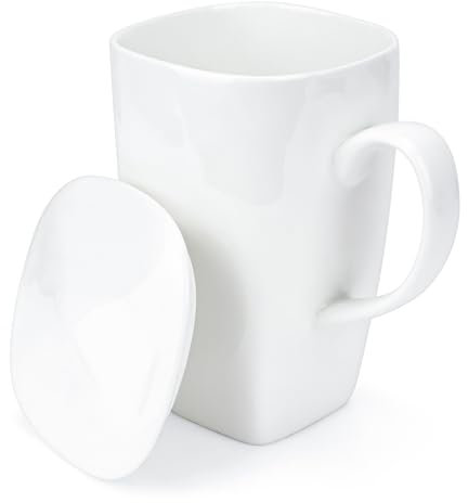 Linkidea Extra Large Fine Bone China Coffee Mug with Lid, 20oz Lightweight Coffee Cups with Handles, Teacups for Office and Home, Microwave and Dishwasher Safe