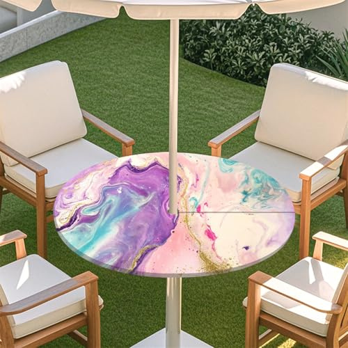 Odot Elastische Tischdecke Runde Outdoor mit Loch und Reißverschluss, Wasserdicht Abwaschbar Tischtuch Tischdecke Outdoor Wetterfest Gartentischdecke für Sonnenschirm, Marmor (Rosa,L:114-137cm)
