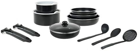 Sitram 716943 Batterie cuisine 14 pcs Alu recyclé : 2 manches amov. 1 Sauteuse Ø26cm 1 couv. verre 3 Poêles Ø20,24,28 2 Casseroles Ø16,20 2 couv. plastic Ø16,20 3 ustensiles tous feux dont induction