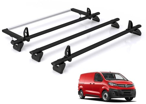 For Vauxhall Vivaro 2019+ Roof Rack Rhino Kammbar Black 3 Bars + Roller | Only fits models with Barn Doors, 3x Aluminium Roof Bars With Ladder Roller [JC3BA/BR25]