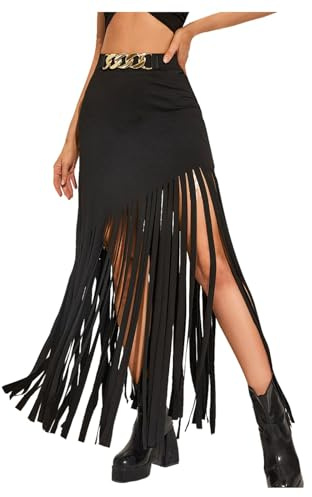 Jupe gothique pour femme avec franges, jupe à franges, longue, steampunk, noire, taille élastique, coupe trapèze, jupe enveloppante, tenue de festival, tenue de carnaval, tenue de club, pour Halloween