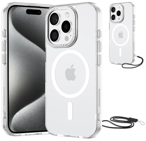 NEW'C Magnétique Coque pour iPhone 15 Pro Max (6,7 Pouces), Compatible avec MagSafe Antichoc Ultime avec Cordon – Magnétisme Puissant et Protection Militaire -Etui Translucide Mat - Blanc