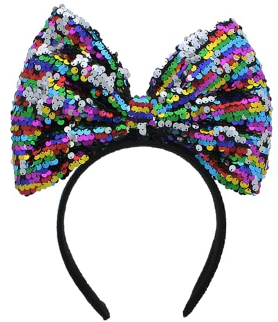 Zac's Alter Ego Large Rainbow Sequin Bow Headband, Sparkly Hair Accessory for Costume Parties, Multicoloured Reversible Sequins with Black Band