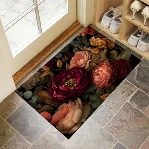 CEDNXOER Waschbare Fußmatte 90x150 cm Innen, Rose Pfingstrose Schmutzfangmatte Retro Geblümt Rutschfester Fussabtreter, Grün Dünne Türmatte Eingangsteppich für Flur, Eingang, Haustür