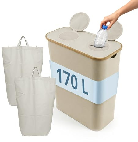 Relaxdays Pfandflaschen Sammelbehälter, 170 L, bis 100 Flaschen, 2 Beutel, Flaschensammler für Glas & Plastik, beige
