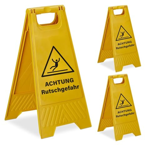 Relaxdays Achtung Rutschgefahr Aufsteller, 3er Set, klappbar, gelb | beidseitig beschriftet, Kunststoff, Warnschild