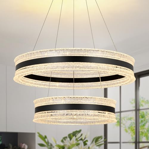 KUNYEEE Lampadario moderno a LED, lampada a sospensione rotonda nera con 2 anelli regolabili e dimmerabile per soggiorno, sala da pranzo, camera da letto, cucina, 60 + 40 cm