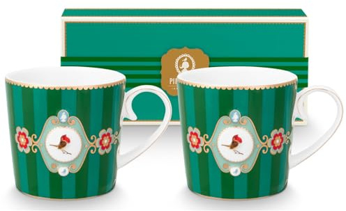 Pip Studio Love Birds Medallion Stripes Emerald-Green Henkelbecher Small 0,15l Set2