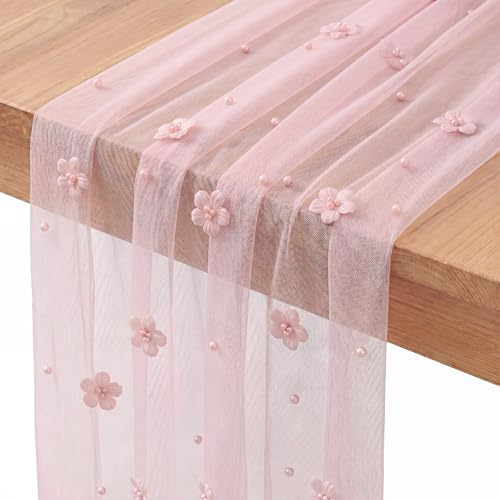 Chemin de Table Rose Poudré 80 × 200 cm Chemin de Table Mariage en Perles Fleuri Pink Gaze Mousseline Table Runner Fête Mariée, d'anniversaire Décorations