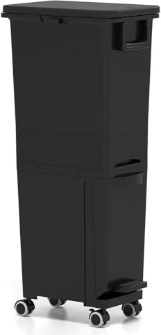 COSTWAY 30L Recycling Bins with 3 Compartments, 2 Removable Buckets, Wheels | Pedal Bin Trash Can, Classification Stickers, Handle, Vertical Waste Separation System Garbage Can for Home Office