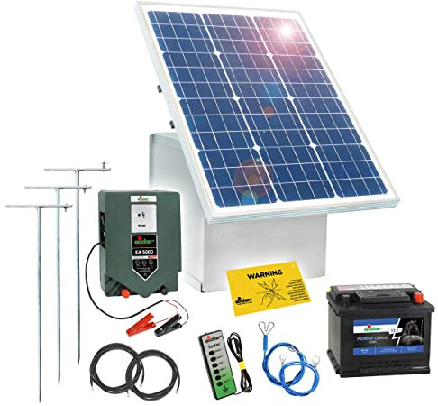 Solar Elektrozaun Komplett-Set: sofort startbereit inkl. sehr starken 12V Weidezaungerät, Metallbox, 50W Solar Panel, Erdung, Allen Kabeln, Prüfer, 50Ah Akku mit Säure & Diebstahlschutz