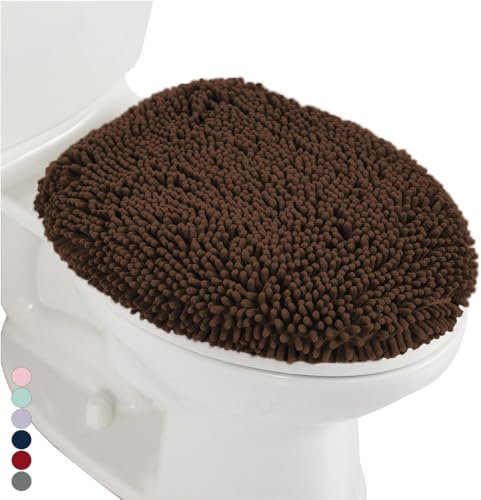 GORILLA GRIP Soft Chenille Bathroom Toilet Lid Cover, Machine Washable Seat Covers, 19.5x18.5, Stays in Place Rubber Backing, Fits Most Round, Elongated and Oblong Lids, Accessories Decor, Brown