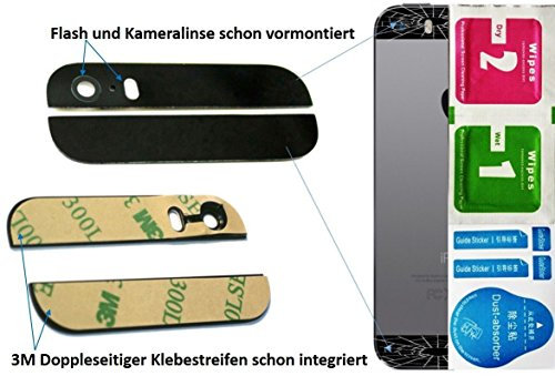Genieforce® Schwarz 2-in-1 Ersatz Glas Set (Oben/Unten) für iPhone 5S Backcover mit Blitz- und Kameralinse - Glasset inkl. 3-in1 Reinigungset - SCHWARZ