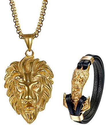 Aroncent 2PCS Herren Löwe Schmuck-Set (Halskette + Armband), Edelstahl Löwenkopf Biker Anhänger mit 55cm Kette und Thors Hammer Leder Armband, Gold Schwarz