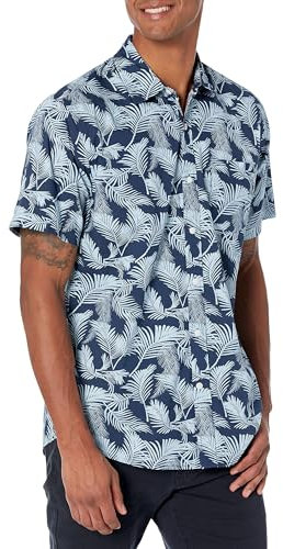 Amazon Essentials Herren Kurzärmeliges Hemd mit Aufdruck, Normale Passform, Marineblau Blau Himmel Palmenwedel, XXL