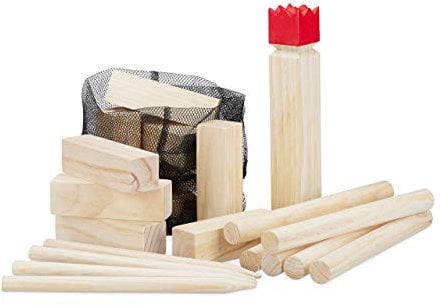 Relaxdays Wikinger Wurfspiel aus Kiefernholz, Natur Kubb Wikingerspiel, roter König, groß, Gartenspielzeug mit Tasche