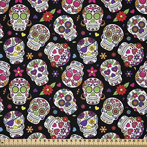 ABAKUHAUS Bunt Stoff als Meterware, Zuckerschädel Blumen, Microfaser Stoff für Dekoratives Basteln, 1M (230x100cm), Schwarz Weiß Rot