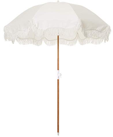 Business & Pleasure Co. Holiday Umbrella - Boho Beach Umbrella with White Fringe - UPF 50+ - Premium Wood Pole & Adjustable Hinge - 5’ x 6.5’, Antique White