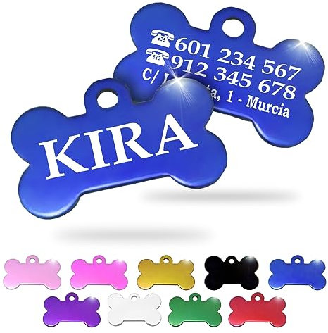 Ibera Gifts - Chapa Perro Grabada en Forma de Hueso, Placa Perro Personalizada para Perros y Gatos Pequeños y Medianos, Tamaño 30 x 20 mm, Chapa Identificativa Perro y Gato (Azul)