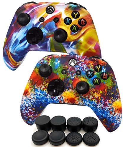 FOTTCZ Anti-Slip Soft Silicone Cover Skin Set for Microsoft Xbox One Controller which 2pcs Rainbow Controller Skin + 8pcs Thumb Grip Caps