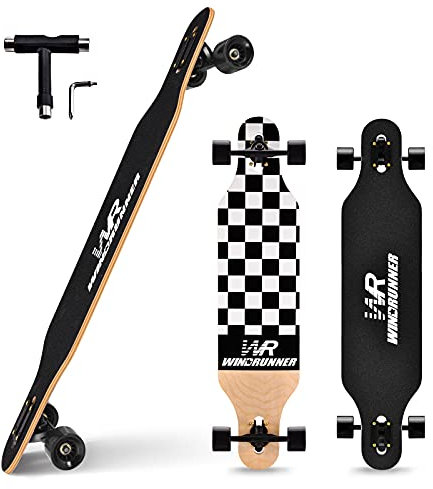 Windrunner Freeride Longboard-Skateboard, 8-lagig, natürlicher Ahorn, Freestyle, komplettes Skateboard, Cruiser, Pintail für Cruising, Carving, Free-Style und Downhill, schwarz-weiße Hülle