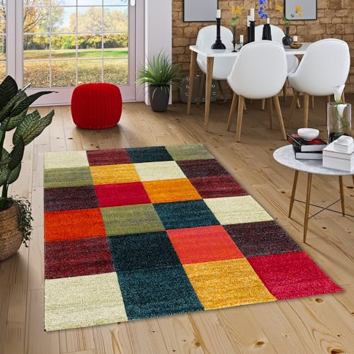 Pergamon Kurzflor Wohnzimmer Designer Teppich Maui Modern Rot Bunt Karo in 5 Größen