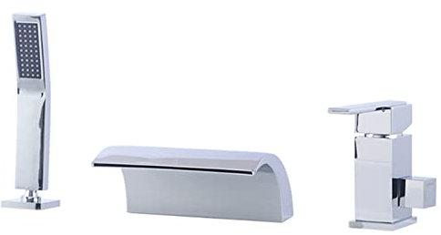 3 Loch Badewannenarmatur Wasserfall Wannenrandarmatur Wannenarmatur Heißes und Kaltes Wasser Badewanne Wasserhahn Messing Chrom Einhebel Wannenmischer mit Handbrause und Brauseschlauch,A