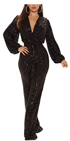 Dawwoti Women's Shiny Sequins Jumpsuit V Neck Party Jumpsuits Long Sleeve One Piece Playsuit Night Party Disco Clubwear Elegant Festival Performance Rave Outfit