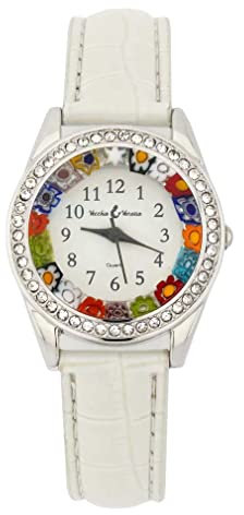 GlassOfVenice Murano Glass Watch Millefiori and Crystals with Leather Band - Blue