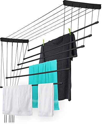 KADAX Deckenwäschetrockner, Wäschetrockner für die Decke 6, Wandtrockner mit Polyethylen bezogenen Stahlsprossen, Deckentrockner Traglast 12kg (6x110/schwarz)