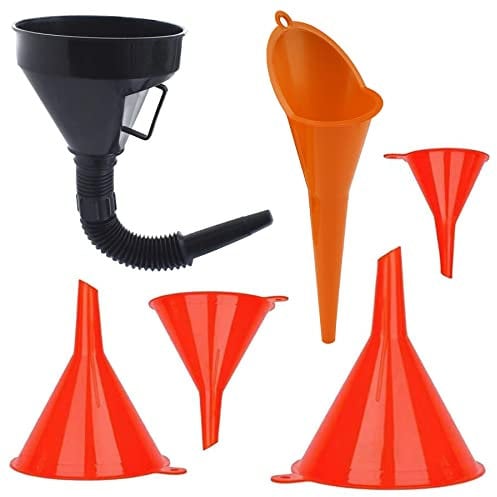 Lot de 6 entonnoirs universels en plastique noir pour moteur à essence avec bec flexible extensible pour voiture et moto, 4 mini entonnoirs de remplissage pour cuisine ou atelier