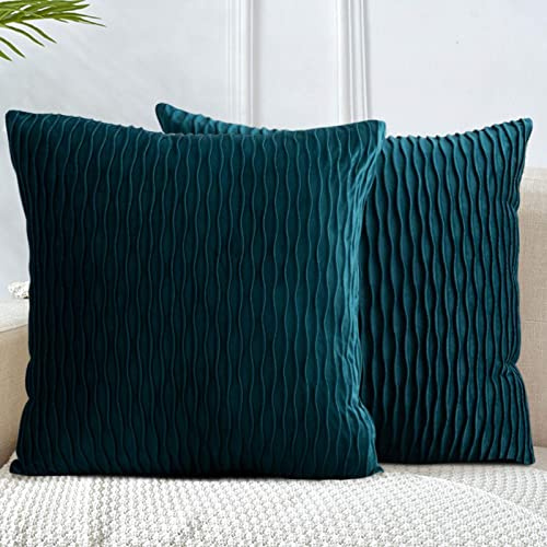 2er Set Kissenbezug 45x45，Kissenhülle Samt Boho Kissen Türkis Dekorative Quadratische Kissenbezüge für Sofa Schlafzimmer Geometrische