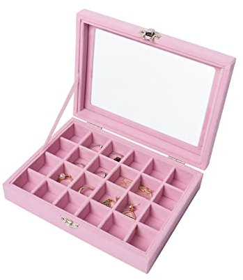 Nideen 24 Grids Earring Storage Organiser, Velvet Jewellery Box Earring Box, Jewellery Storage Display Box for Rings, Earrings, Charms, Pendants, Pink