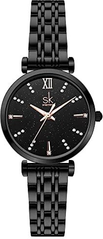 SK Klassische Frauen Uhren Mode Damen Kleid Uhr Solide Edelstahl Band Echtes Lederband (Black-Starry)