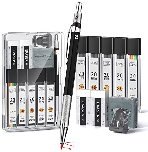 Four Candies Porte-mine 2 mm avec étui, porte-mines en métal automatique avec 60 mines de plomb (HB, 2H, 2B, 4B, couleur), gomme pétrie, taille-crayon accessoires de bureau pour l'école, le dessin,
