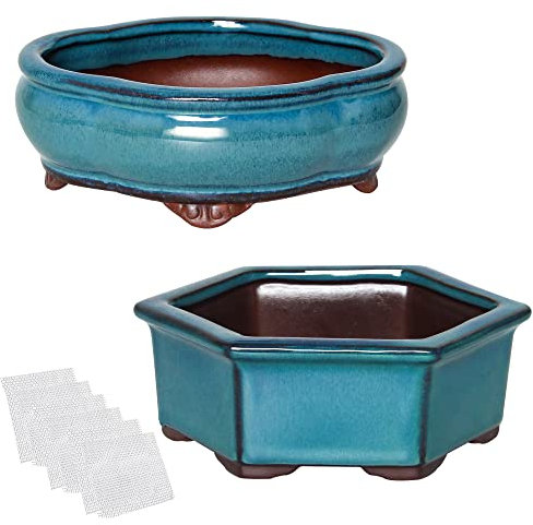 happy bonsai 5.7 6 Small Glazed Pots Set of 2 + 6 Soft Mesh Drainage Screens