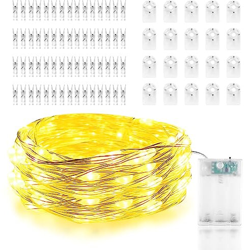 Gvolatee Luci per Foto, Lucine Led Decorative Bianco Caldo Foto Clip Filo 10M Appendi Foto con 60 Clips, Filo per Foto con Mollette Batteria per Decorazioni Camera da Letto, Festa, Matrimonio