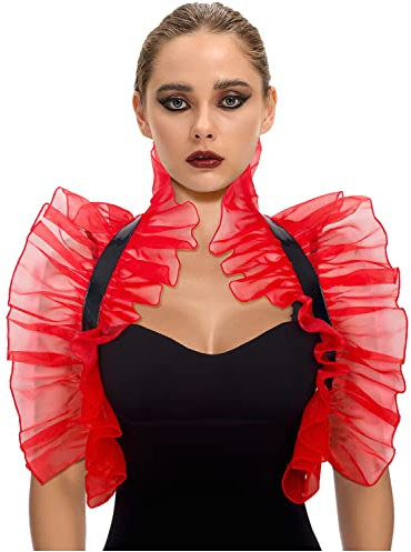 keland Steampunk Gotisch Mesh Leder Schal Poncho Schulter Flügel mit Halsreif Kragen für Damen Herren (Rot)